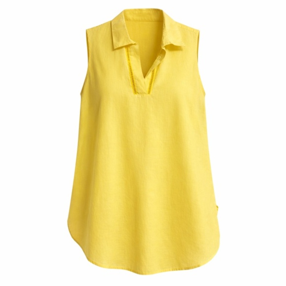 Chico’s Size 0 Yellow 100% Linen Sleeveless Tunic Top Collared V-Neck Light
